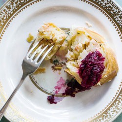 Hot-smoked salmon and potato pie with beetroot agrodolce