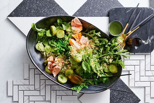 Hot-smoked salmon and potato salad, horseradish cream