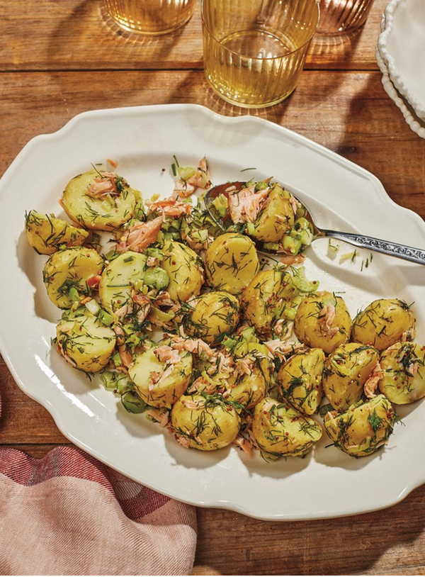 Hot smoked salmon and potato salad with dill, celery & pickled hots