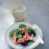 Hot-smoked salmon and roast beetroot salad with soured cream and dill dressing