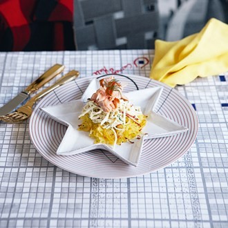 Hot-smoked salmon, apple and celeriac remoulade and potato cakes