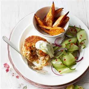 Hot-smoked salmon burgers with wasabi mayo and cucumber salad