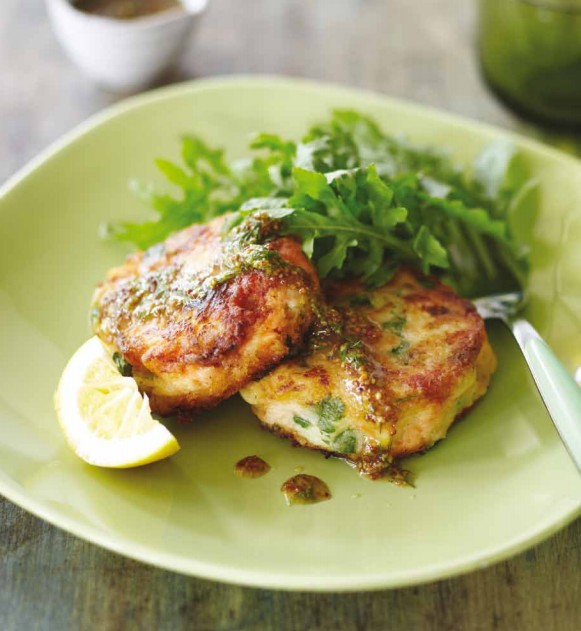 Hot-smoked salmon cakes with dill mustard dressing