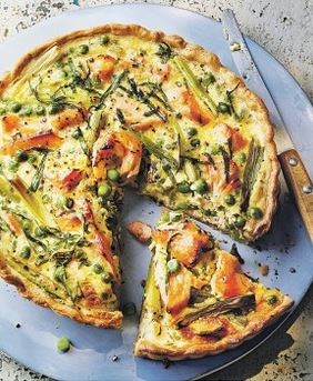 Hot smoked salmon, caramelised salad onion, pea & tarragon tart