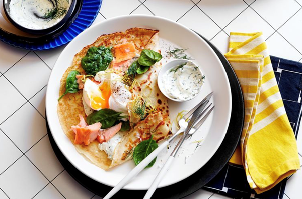 Hot-smoked salmon crepes and horseradish creme fraiche