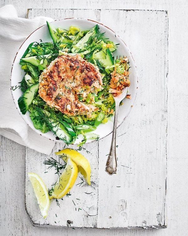 Hot-smoked salmon fishcakes & green salad