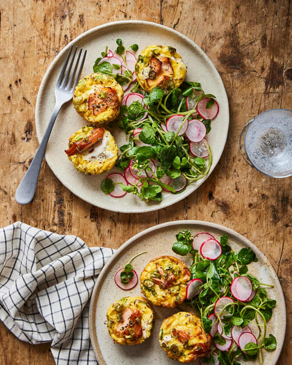 Hot smoked salmon frittatas with watercress