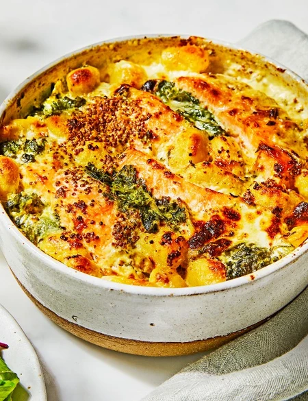 Hot smoked salmon, gnocchi and spinach bake