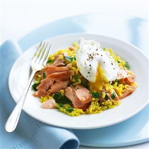 Hot-smoked salmon kedgeree with soft-poached eggs