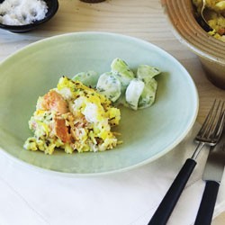 Hot-smoked salmon kedgeree with cucumber and herb salad