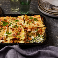 Hot smoked salmon lasagne with fennel and hazelnut pesto