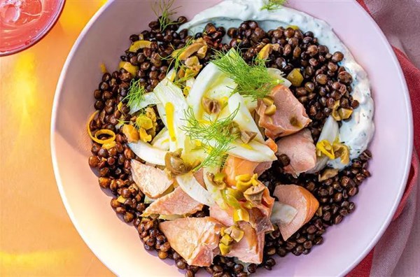 Hot smoked salmon, lentil & labneh bowl