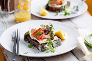 Hot-smoked salmon on rye with horseradish creme fraiche