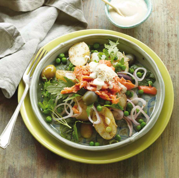 Hot-smoked salmon, potato and pea salad with tahini yoghurt dressing