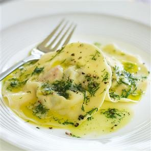 Hot-smoked salmon ravioli with dill butter sauce