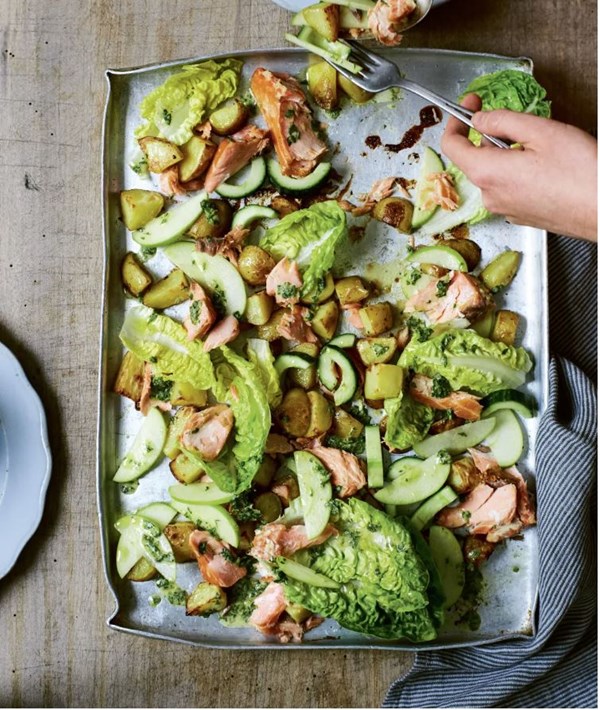 Hot-smoked salmon salad with apple, potato & cucumber