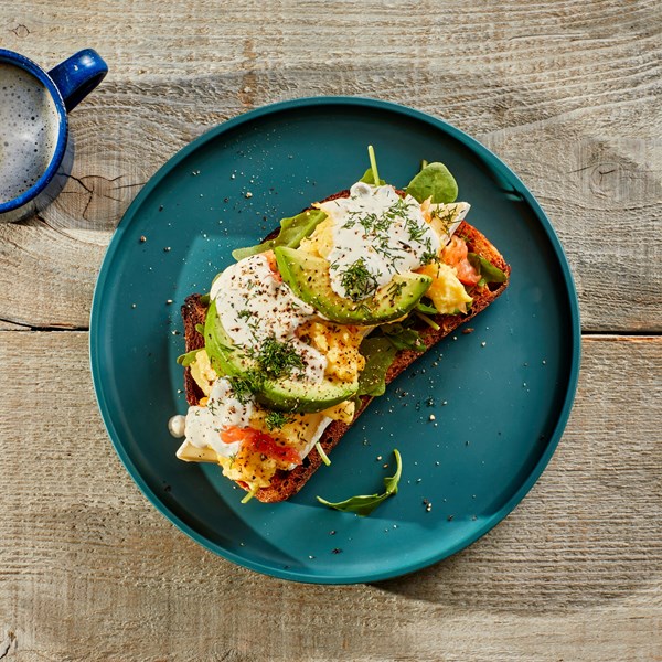 Hot-smoked salmon scramble with dill cream 