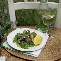 Hot-smoked salmon with broad beans, preserved lemons and artichokes