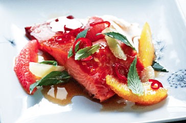 Hot-smoked salmon with sweet chilli, citrus and mint