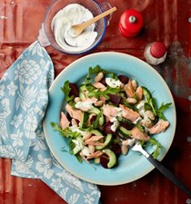 Hot smoked trout and beans with a creamy dill dressing