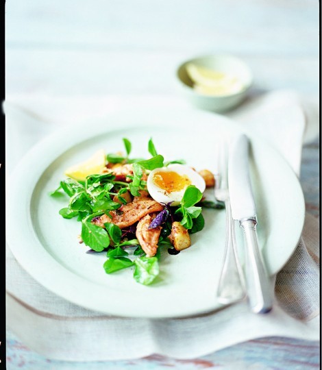 Hot-smoked trout and pea shoot salad