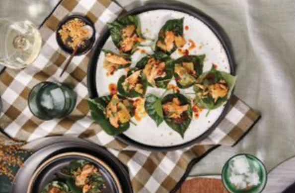 Hot smoked trout and pomelo betel leaves
