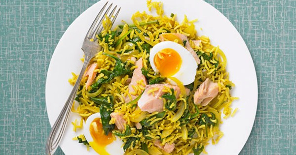 Hot smoked trout and spinach kedgeree