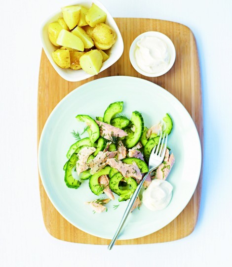 Hot smoked trout, cucumber and dill salad
