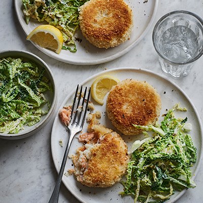 Hot smoked trout fish cakes with slaw