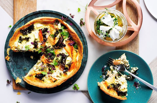 Hot-smoked trout, kale and feta tart