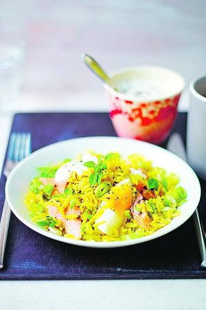 Hot-smoked trout kedgeree with green onions & basil