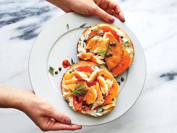 Hot-smoked trout on sesame bagels
