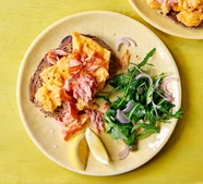 Hot smoked trout scramble with rocket salad