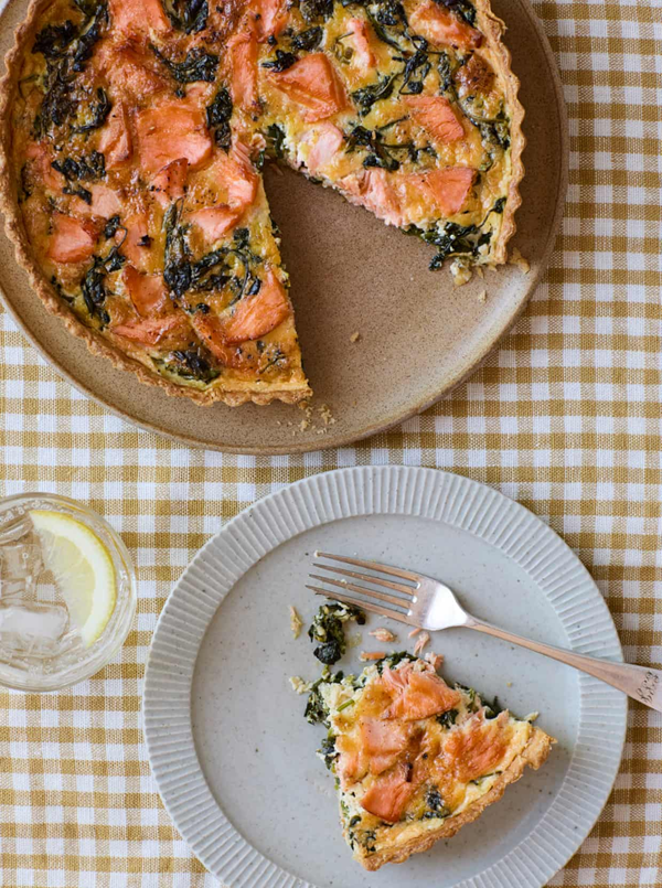Hot smoked trout, watercress and cheddar tart