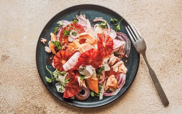Hot-smoked trout with blood orange and fennel