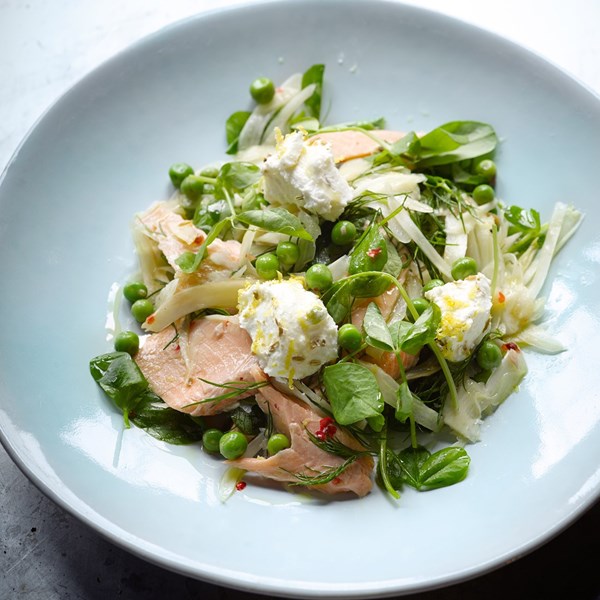 Hot smoked trout with fennel, peas and goat's cheese