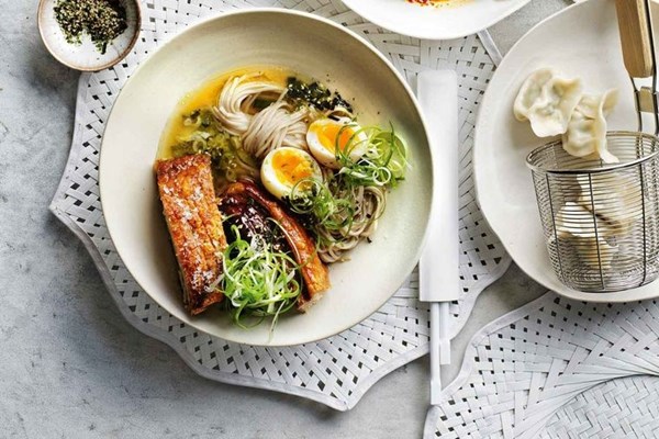 Hot soba in broth with crispy miso pork belly