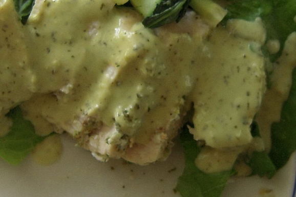 Hot swordfish with cool coconut avocado cream sauce