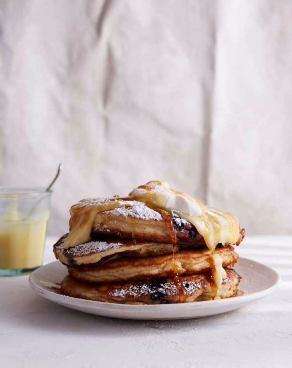 Huckleberry pancakes with lemon curd and chèvre [Brad Kelleher]