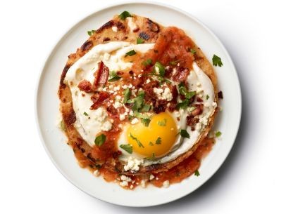 Huevos rancheros with bacon tortillas