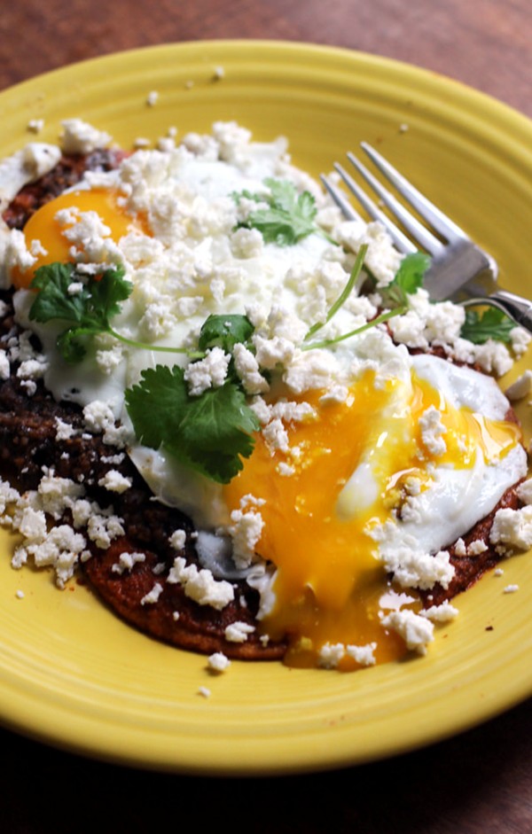 Huevos rancheros with salsa roja
