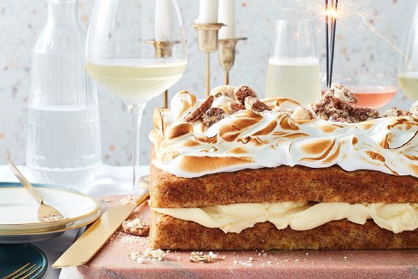Hummingbird cake with caramelised meringue and sugared pecans