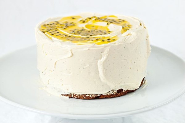Hummingbird cake with labneh and passionfruit