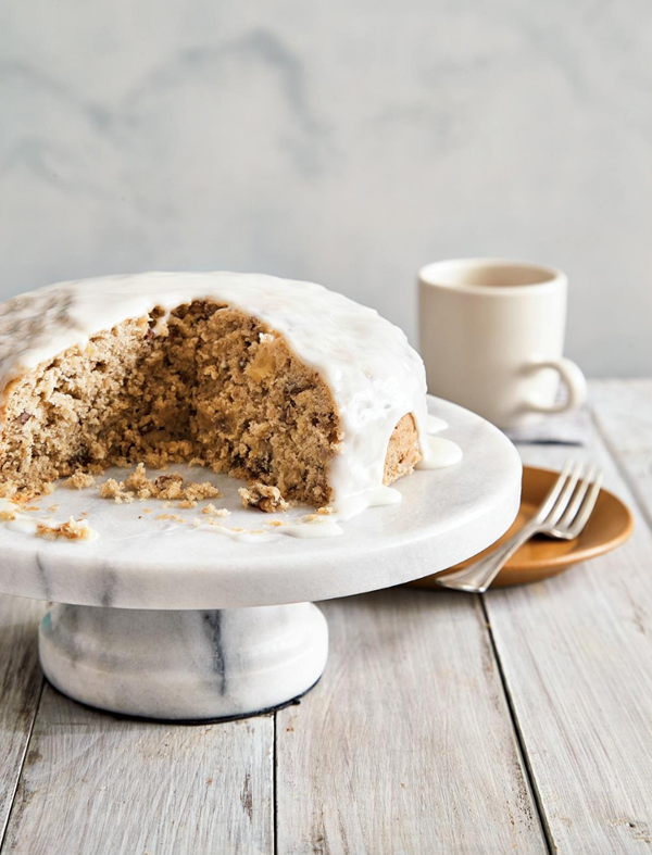 Hummingbird coffee cake with pineapple-cream cheese glaze