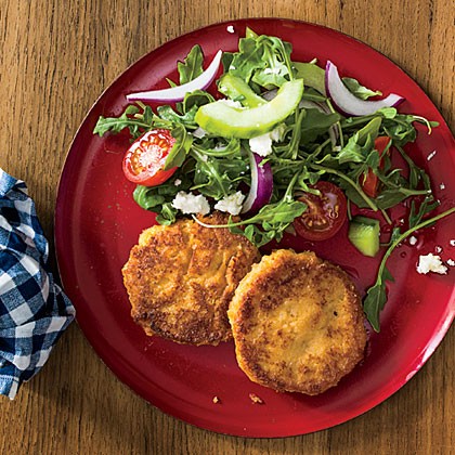 Hummus-and-rice fritters with Mediterranean salad