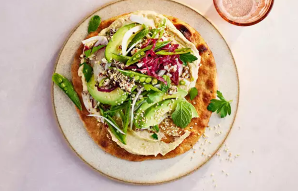 Hummus, avocado, and spring-vegetable flatbreads