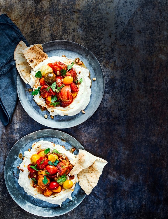 Hummus labneh with slow-roasted tomatoes and pine nuts