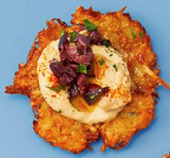 Hummus-olive topped latkes