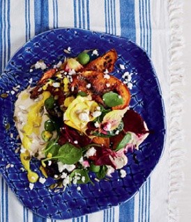 Hummus, pumpkin, beetroot and seeds with turmeric dressing