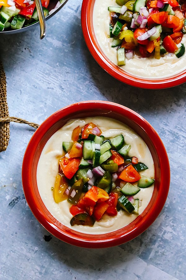 Hummus soup with heirloom tomato salsa